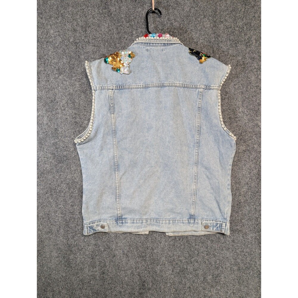 Handmade Denim Vest Pearl Embellished Sequin Floral Boho Festival Western - Picture 10 of 10